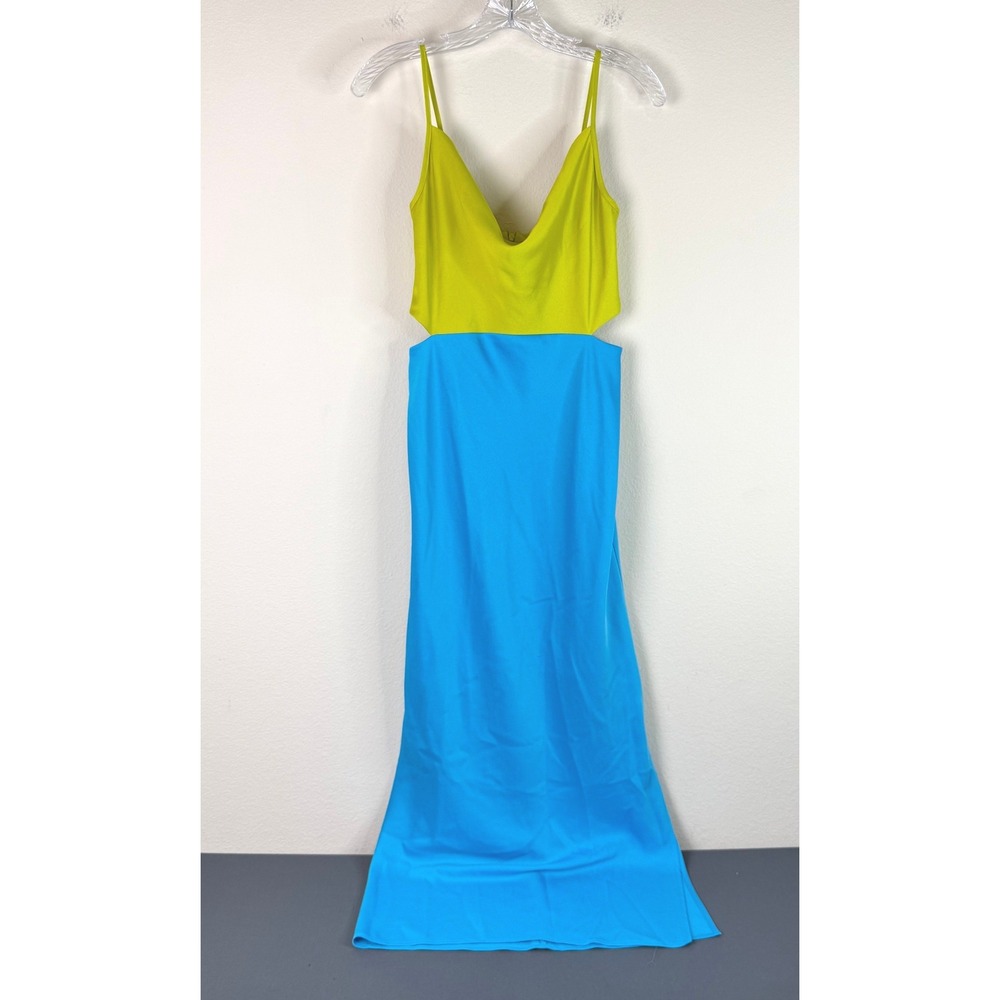 Taylor Maxi Dress Womens 4 Colorblock Cutout Lime Blue Cowl Neck Sleeveless
